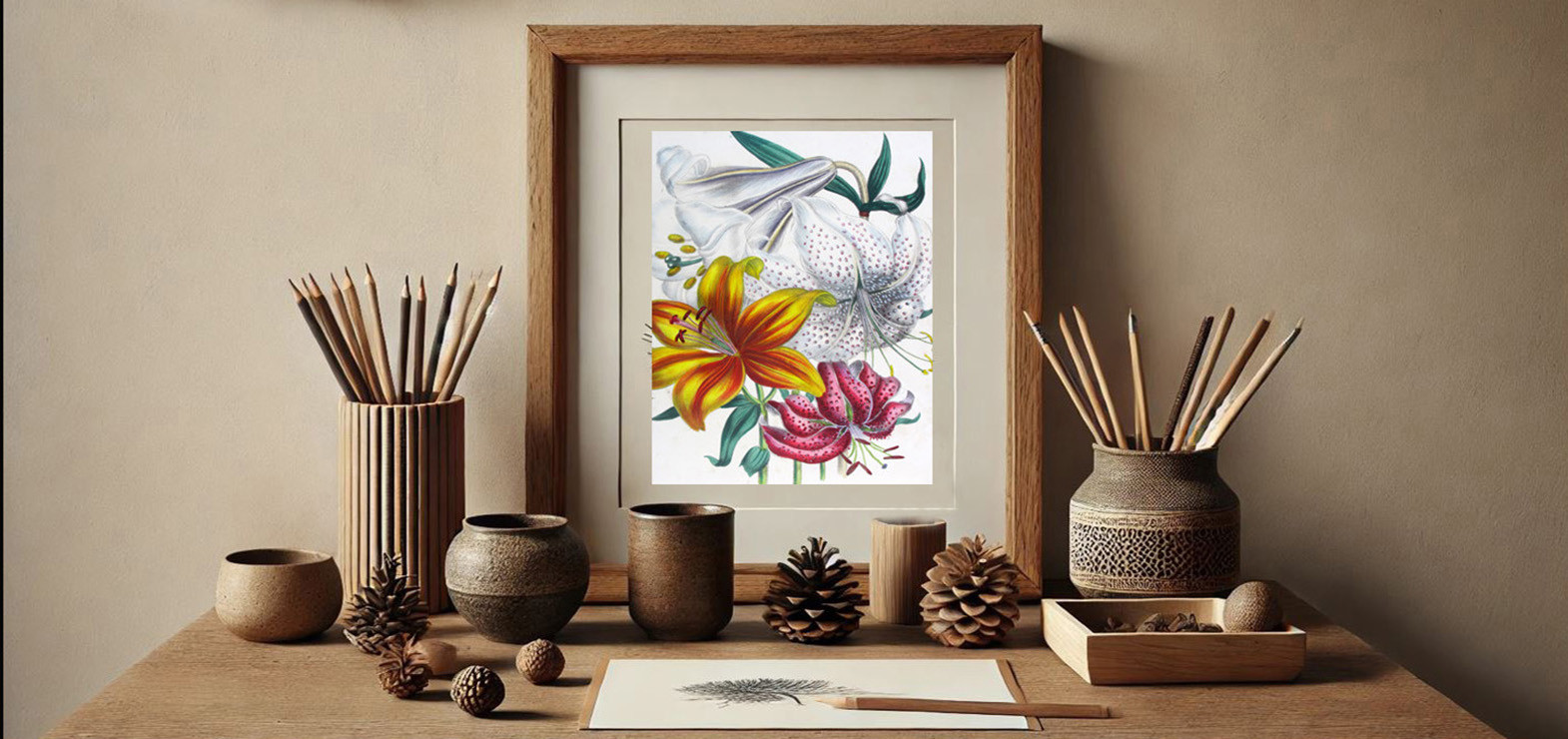 FRAMED ANTIQUE HAND COLORED BOTANICAL PRINT IN A WABI SABI DESIGN APARTMENT